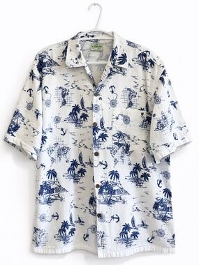 Vintage NATUR Paradise White & Navy Nautical Print Shirt – Size XXL EUC